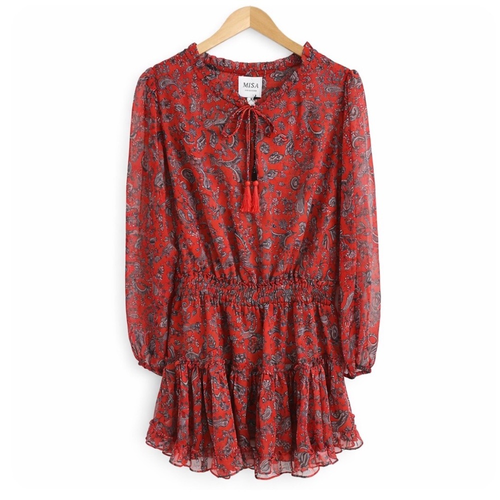 NWT MISA Los Angeles Lorena Aranciata Red Paisley Chiffon  Mini Dress M